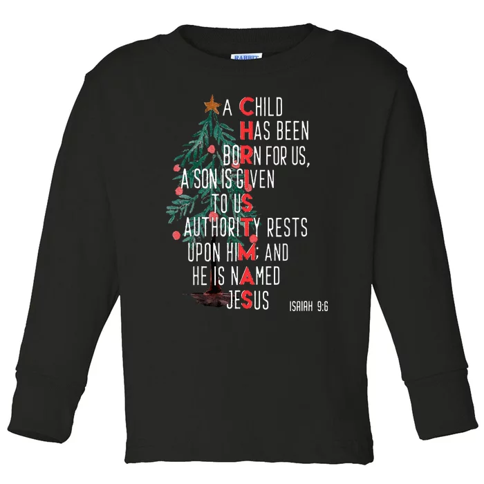 Bible Verse Isaiah 9：6 Vintage Christmas Tree Christian Toddler Long Sleeve Shirt