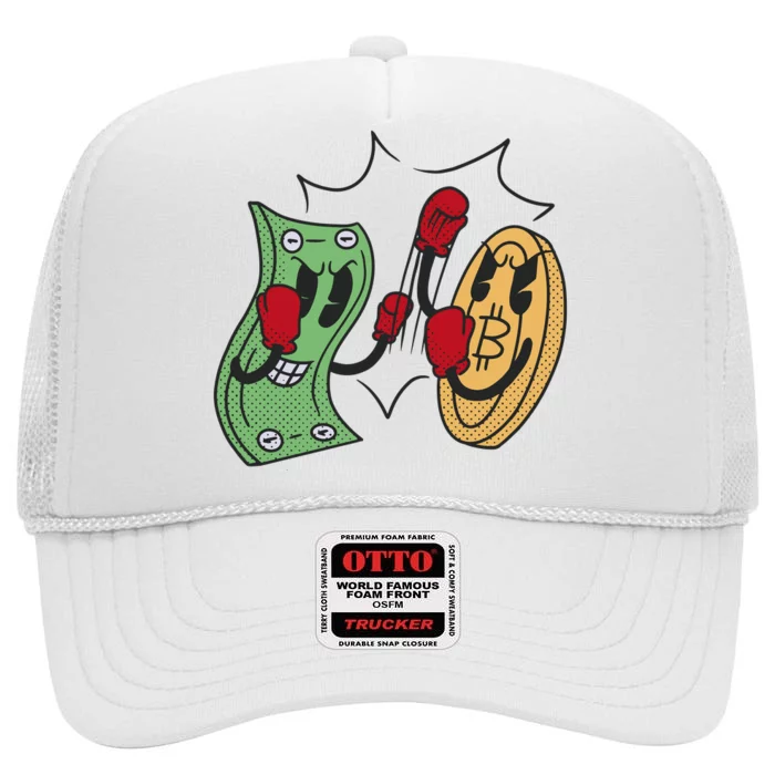 Bitcoin Vs Money Boxing Fight High Crown Mesh Trucker Hat