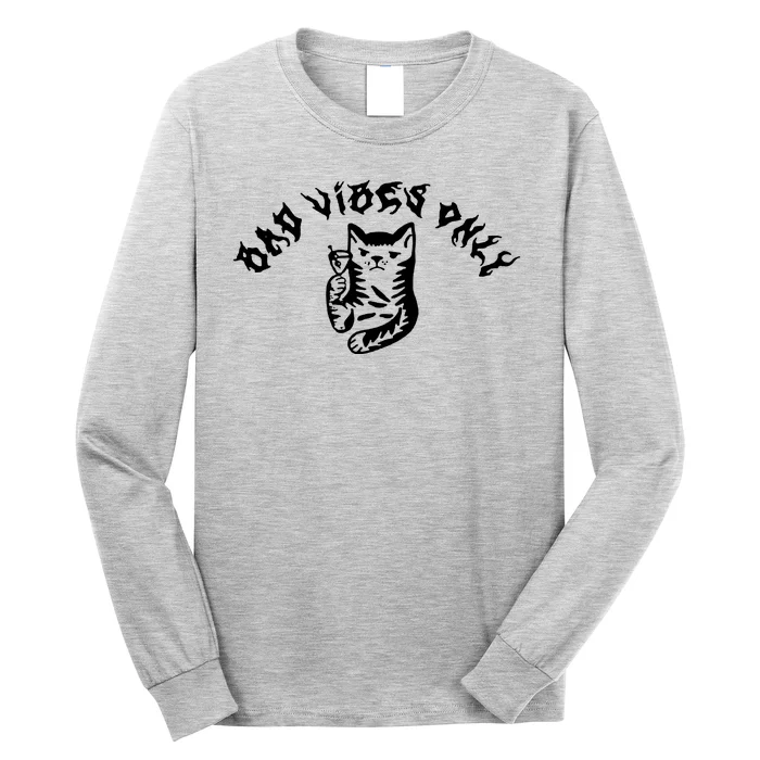 Bad Vibes Only Cat Drinking Rock Metal Style Long Sleeve Shirt