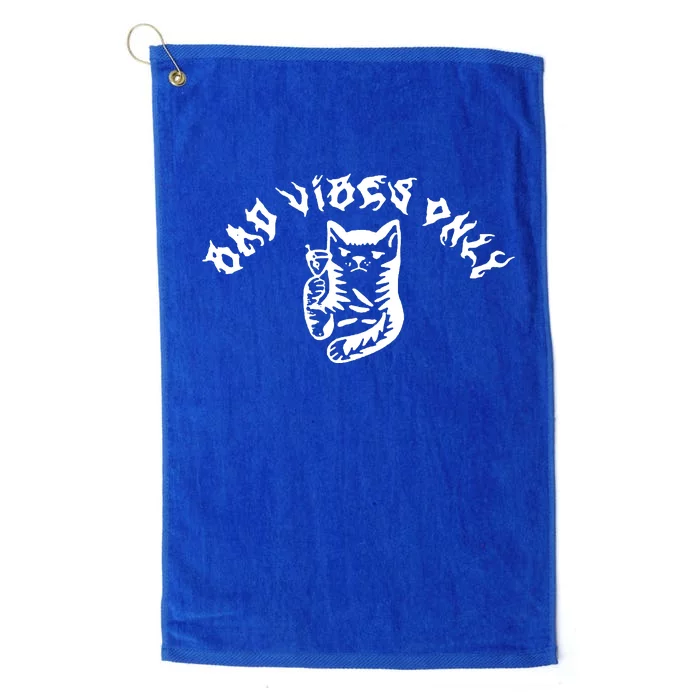 Bad Vibes Only Cat Drinking Rock Metal Style Platinum Collection Golf Towel