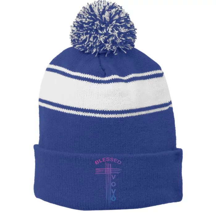 Blessed Vovo Portuguese Grandpa Christian Cross Gift Stripe Pom Pom Beanie