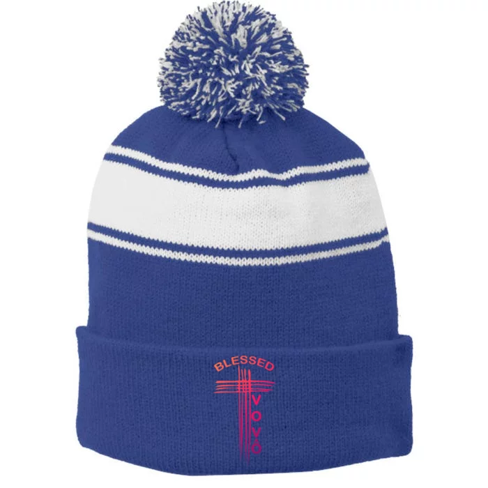 Blessed Vovo Portuguese Grandpa Christian Cross Gift Stripe Pom Pom Beanie