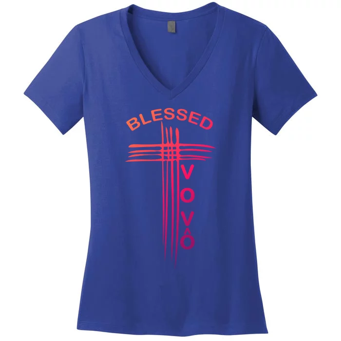 Blessed Vovo Portuguese Grandpa Christian Cross Gift Women's V-Neck T-Shirt