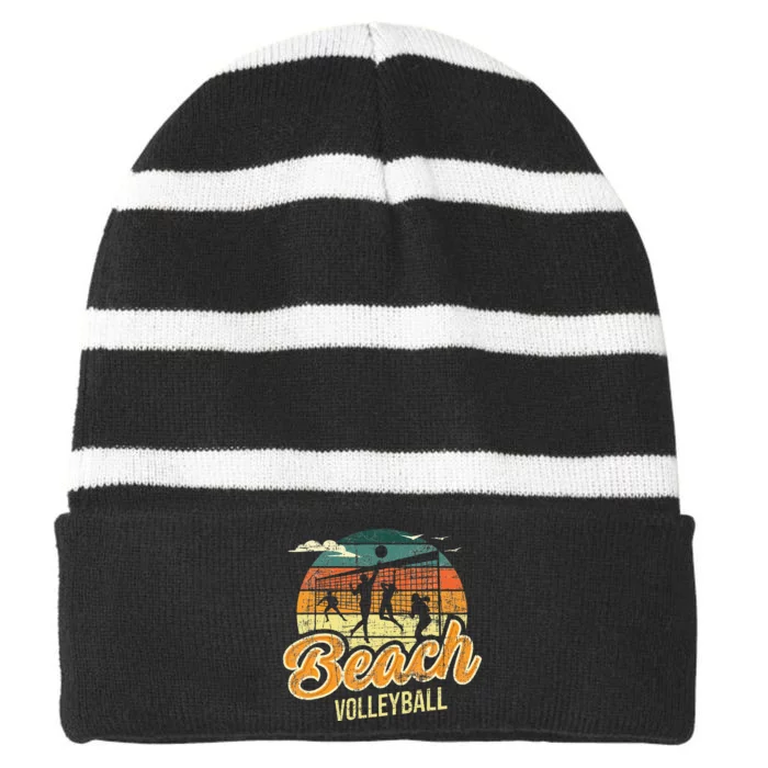 Beach Volleyball Retro Vintage Athletes Players Setters Striped Beanie with Solid Band