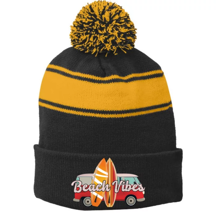 Beach Vibes Surfer Retro Van Stripe Pom Pom Beanie