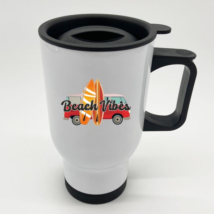 Beach Vibes Surfer Retro Van Front & Back Stainless Steel Travel Mug