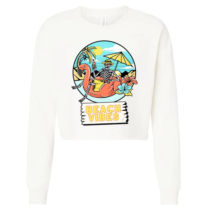 Beach Vibes Skeleton Flamingo Design Cropped Pullover Crew