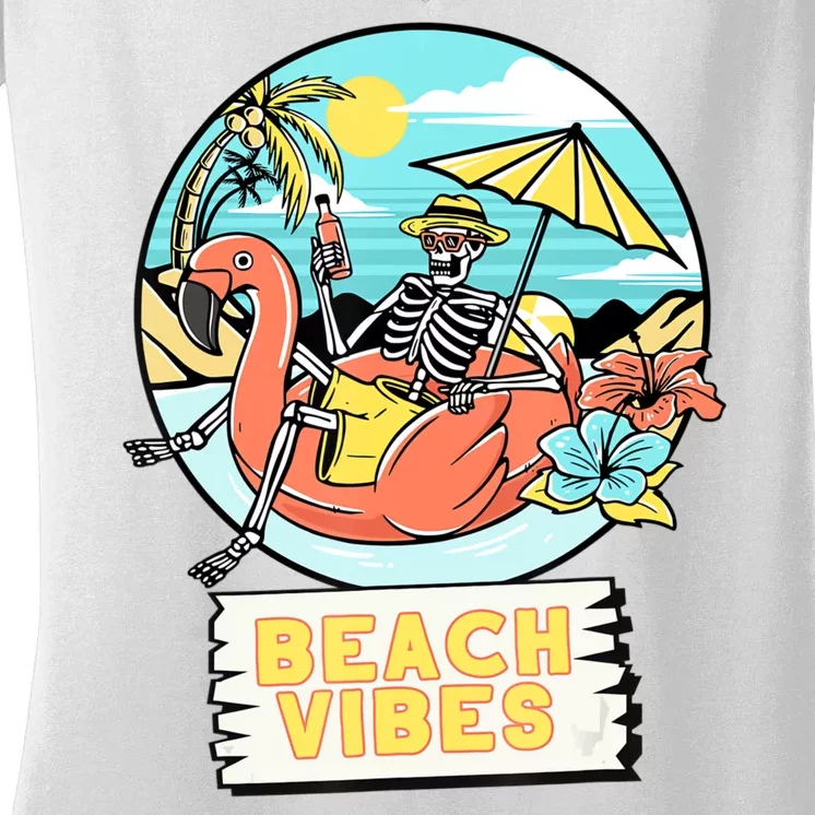 Beach Vibes Skeleton Flamingo Design Women's V-Neck T-Shirt