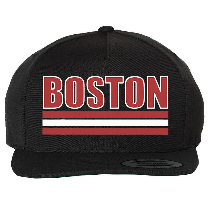 Boston Varsity Style Red Text Wool Snapback Cap