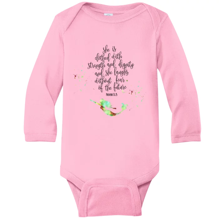 Bible Verse She Is Clothed In Strength And Dignity Mermaid Gift Baby Long Sleeve Bodysuit