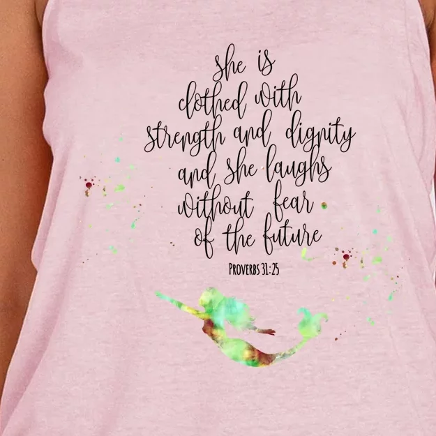 Bible Verse She Is Clothed In Strength And Dignity Mermaid Gift Women's Knotted Racerback Tank