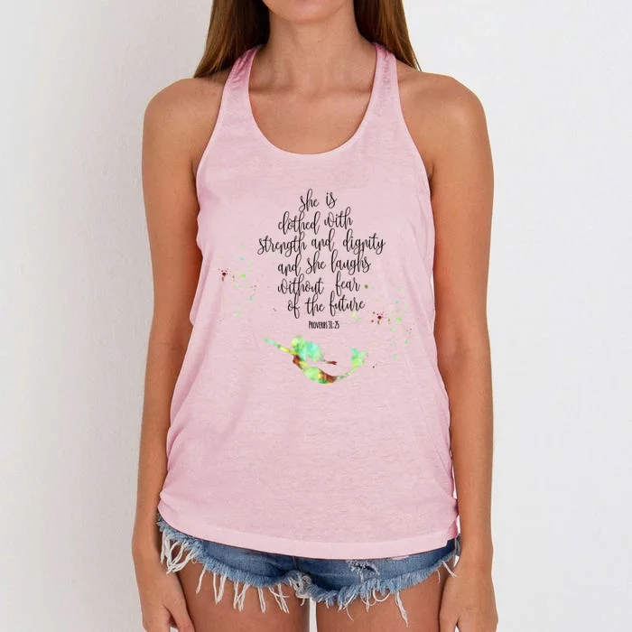 Bible Verse She Is Clothed In Strength And Dignity Mermaid Gift Women's Knotted Racerback Tank