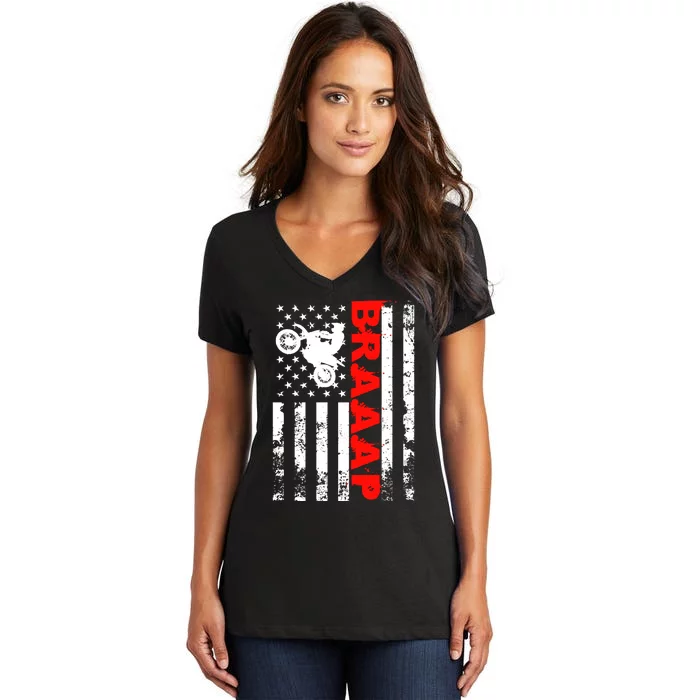 Braaap Vintage USA American Flag Dirt Bike Hoodie Women's V-Neck T-Shirt