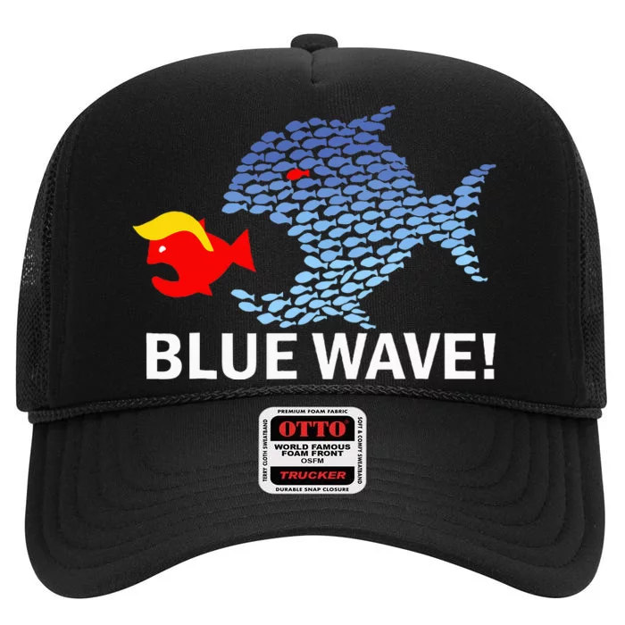 Blue Wave 2024 Big Fish Eat Little Fish Trump Hair High Crown Mesh Trucker Hat