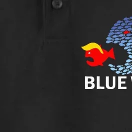 Blue Wave 2024 Big Fish Eat Little Fish Trump Hair Dry Zone Grid Performance Polo