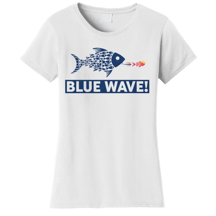 Blue Wave 2024 Funny Big Fish Eat Little Fish Trump Hair Women's T-Shirt