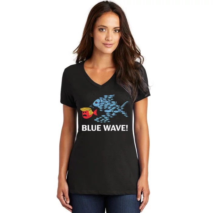 Blue Wave 2024 Funny Big Fish Eat Little Fish Trump Hair Women's V-Neck T-Shirt