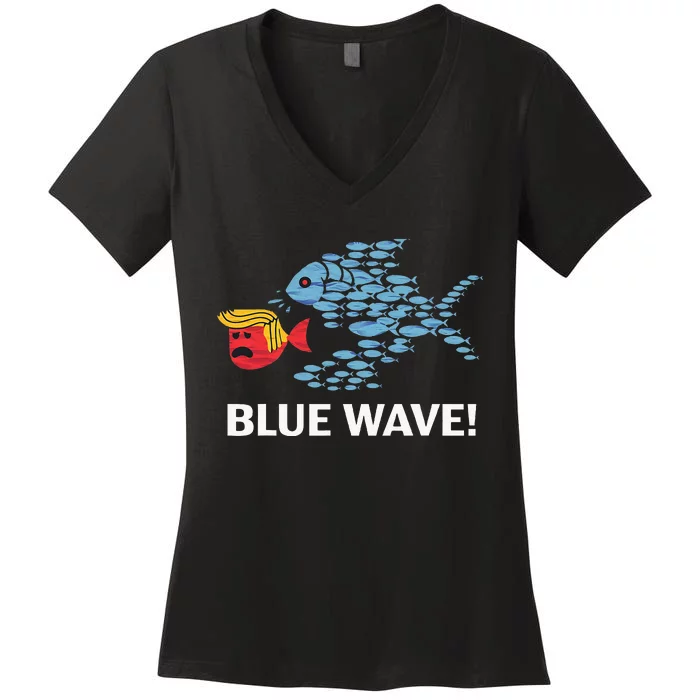 Blue Wave 2024 Funny Big Fish Eat Little Fish Trump Hair Women's V-Neck T-Shirt