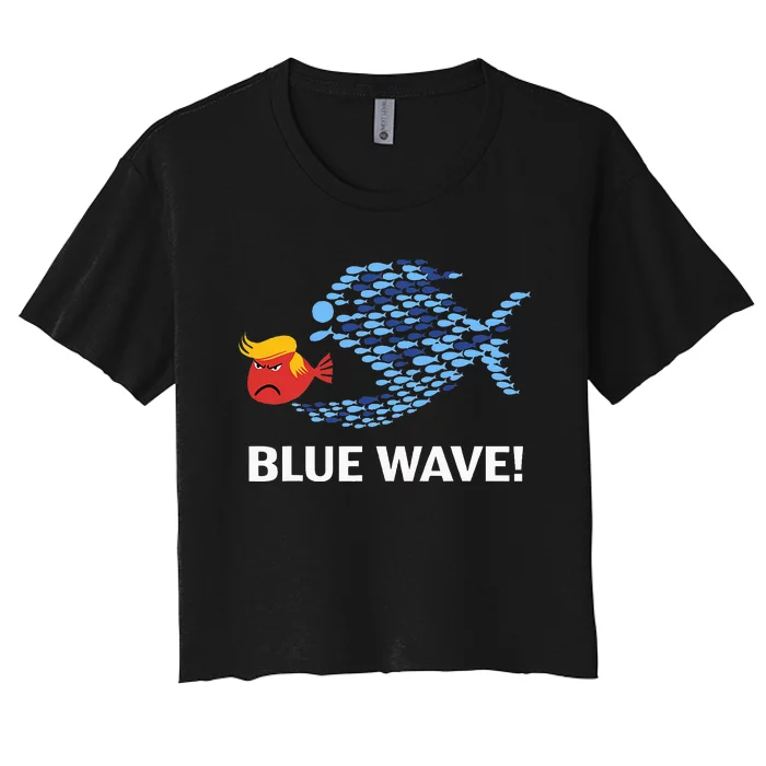 Blue Wave 2024 Funny Big Fish Eat Little Fish Trump Hair Women's Crop Top Tee