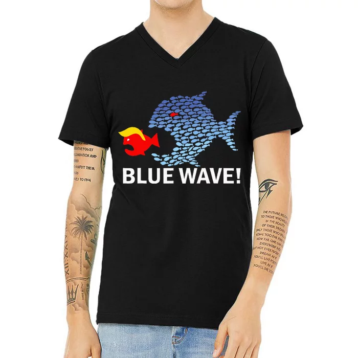 Blue Wave 2024 Funny Big Fish Eat Little Fish Trump Hair V-Neck T-Shirt