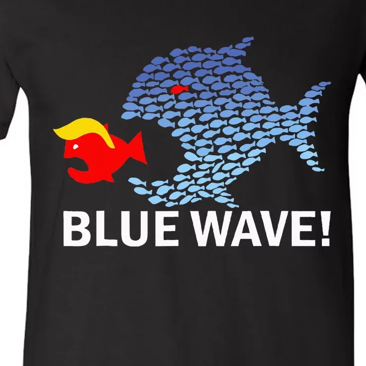 Blue Wave 2024 Funny Big Fish Eat Little Fish Trump Hair V-Neck T-Shirt