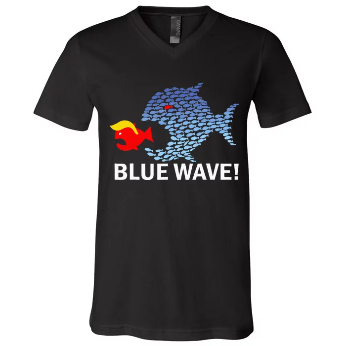 Blue Wave 2024 Funny Big Fish Eat Little Fish Trump Hair V-Neck T-Shirt