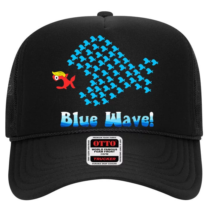 Blue Wave 2024 Funny Big Fish Eat Little Fish High Crown Mesh Trucker Hat