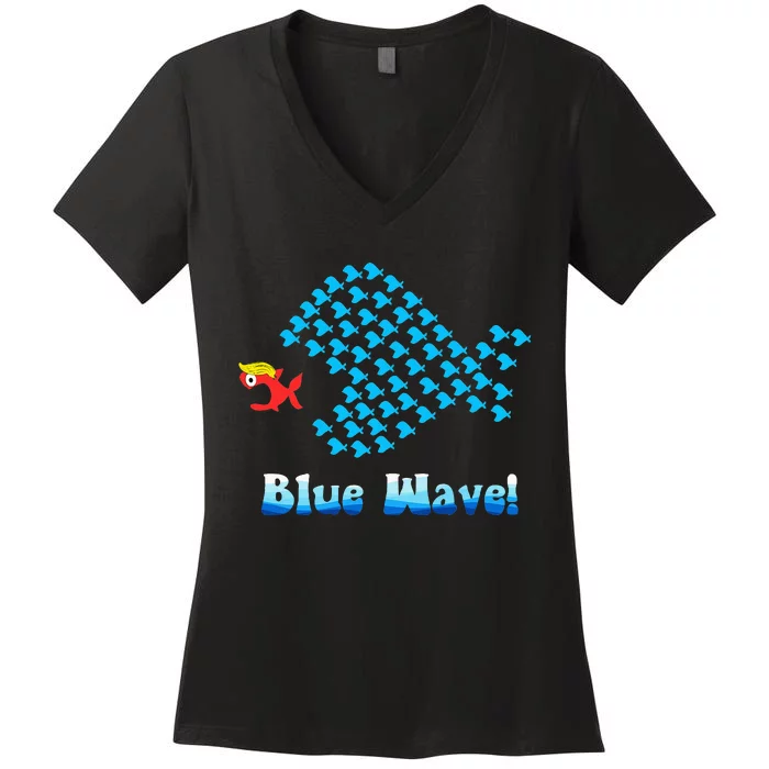 Blue Wave 2024 Funny Big Fish Eat Little Fish Women's V-Neck T-Shirt