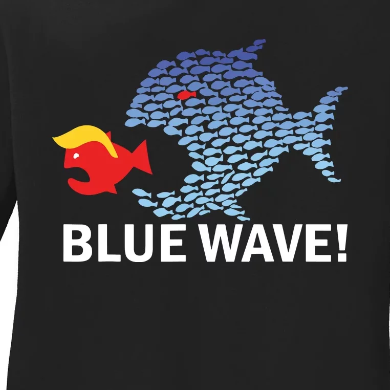 Blue Wave 2024 Funny Big Fish Eat Little Fish Trump Hair Ladies Long Sleeve Shirt