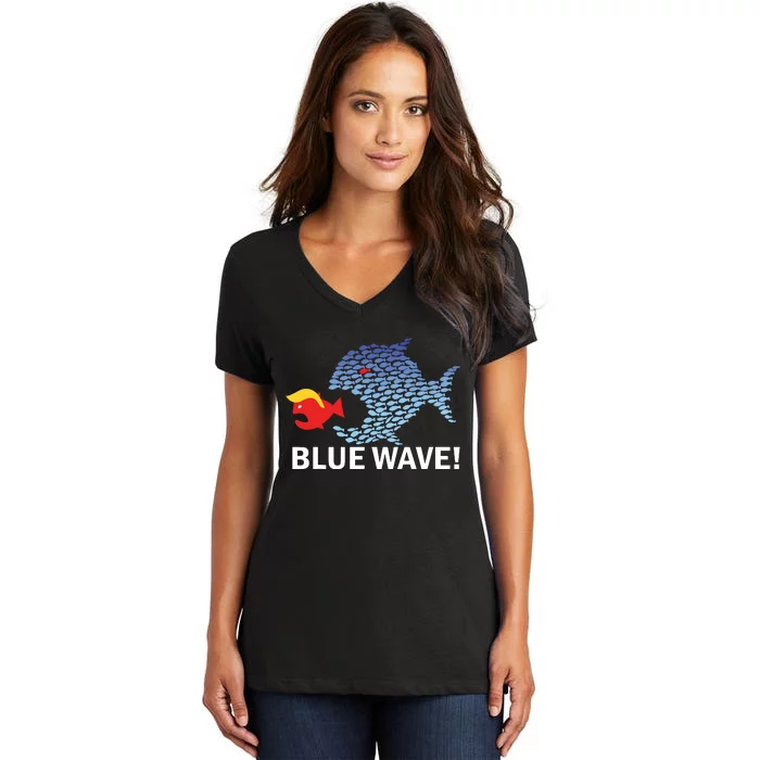 Blue Wave 2024 Funny Big Fish Eat Little Fish Trump Hair Women's V-Neck T-Shirt