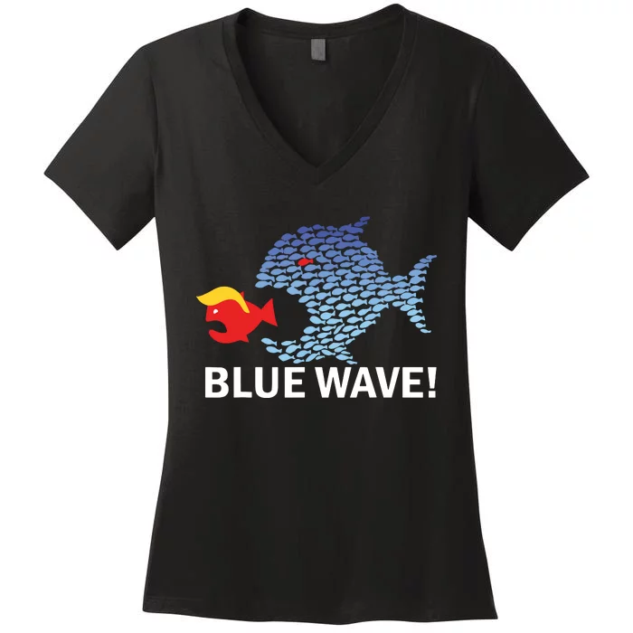 Blue Wave 2024 Funny Big Fish Eat Little Fish Trump Hair Women's V-Neck T-Shirt