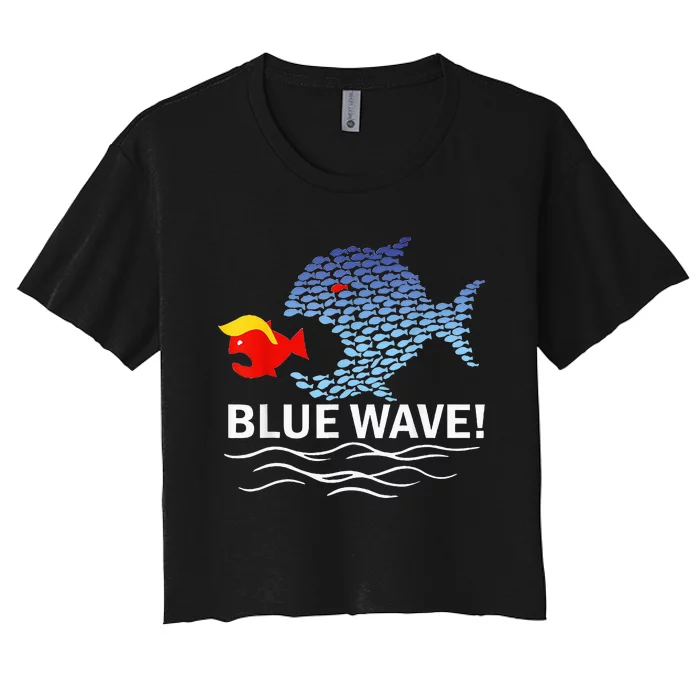 Blue Wave 2024 Funny Big Fish Eat Little Fish Trump Hair Women's Crop Top Tee