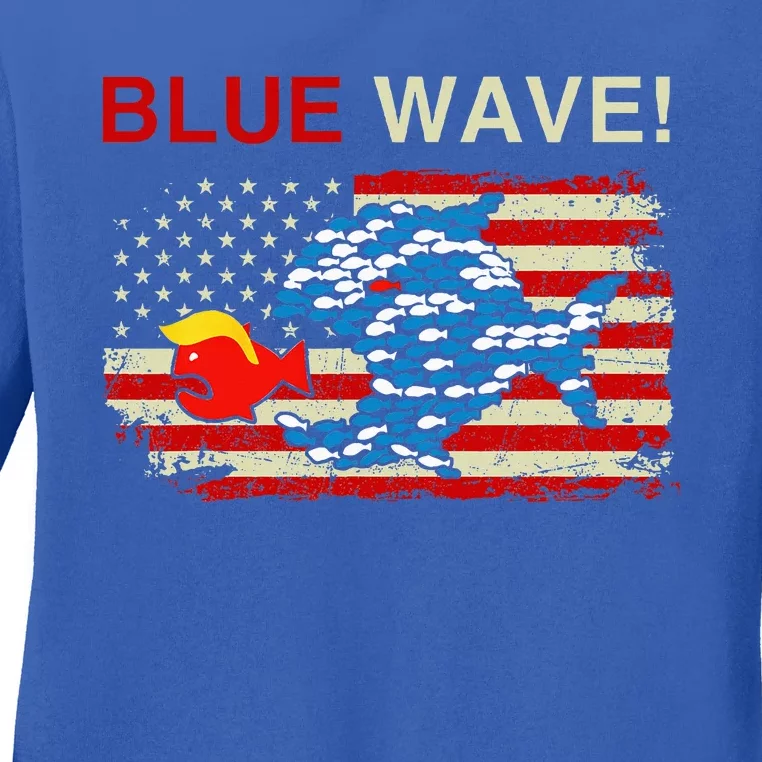 Blue Wave 2024 Funny Big Fish Eat Little Fish Trump Hair Ladies Long Sleeve Shirt