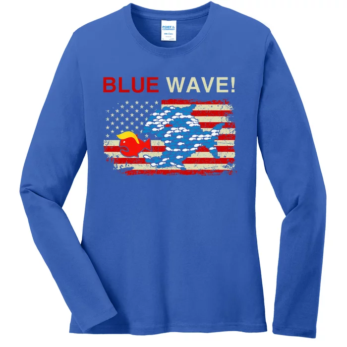 Blue Wave 2024 Funny Big Fish Eat Little Fish Trump Hair Ladies Long Sleeve Shirt