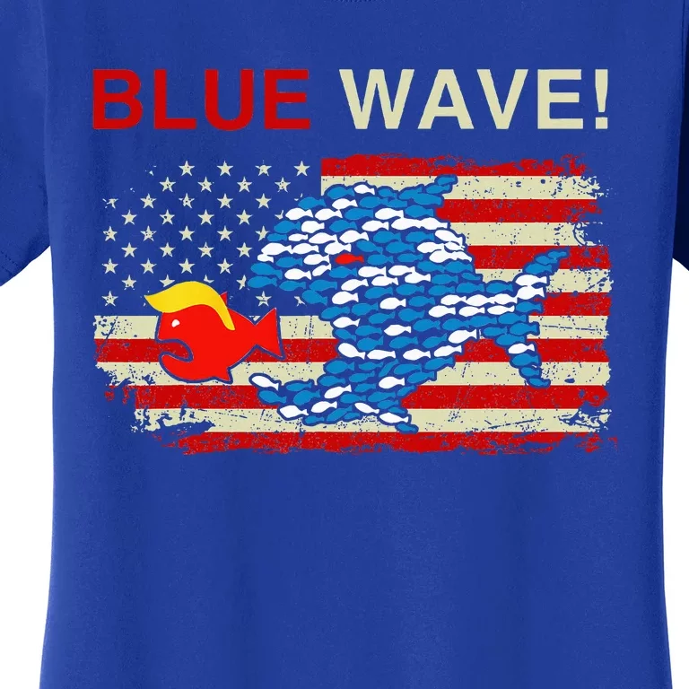 Blue Wave 2024 Funny Big Fish Eat Little Fish Trump Hair Women's T-Shirt