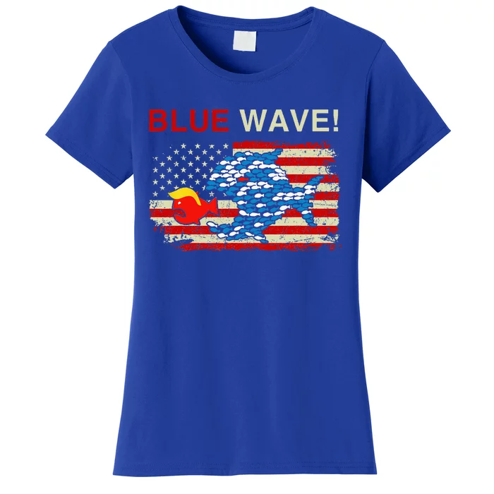 Blue Wave 2024 Funny Big Fish Eat Little Fish Trump Hair Women's T-Shirt