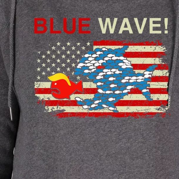 Blue Wave 2024 Funny Big Fish Eat Little Fish Trump Hair Womens Funnel Neck Pullover Hood