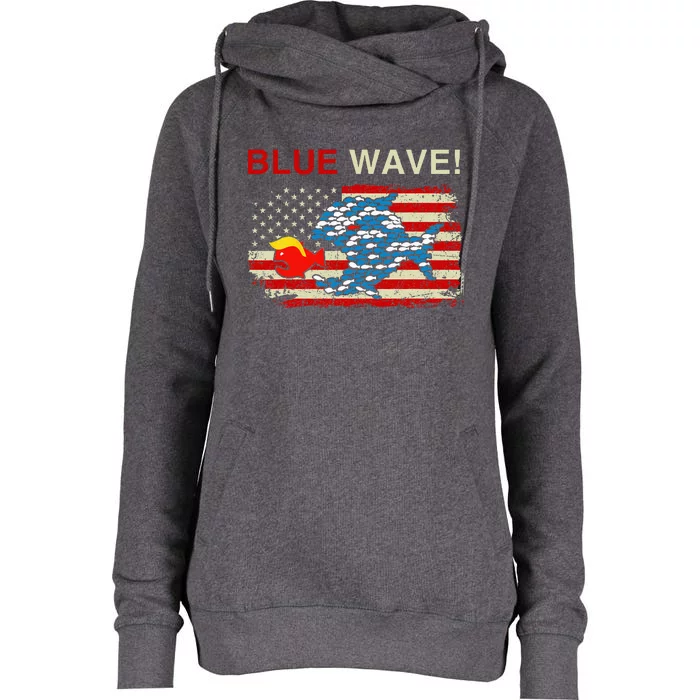 Blue Wave 2024 Funny Big Fish Eat Little Fish Trump Hair Womens Funnel Neck Pullover Hood