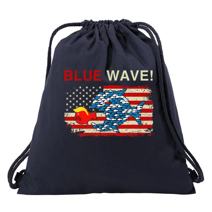 Blue Wave 2024 Funny Big Fish Eat Little Fish Trump Hair Drawstring Bag