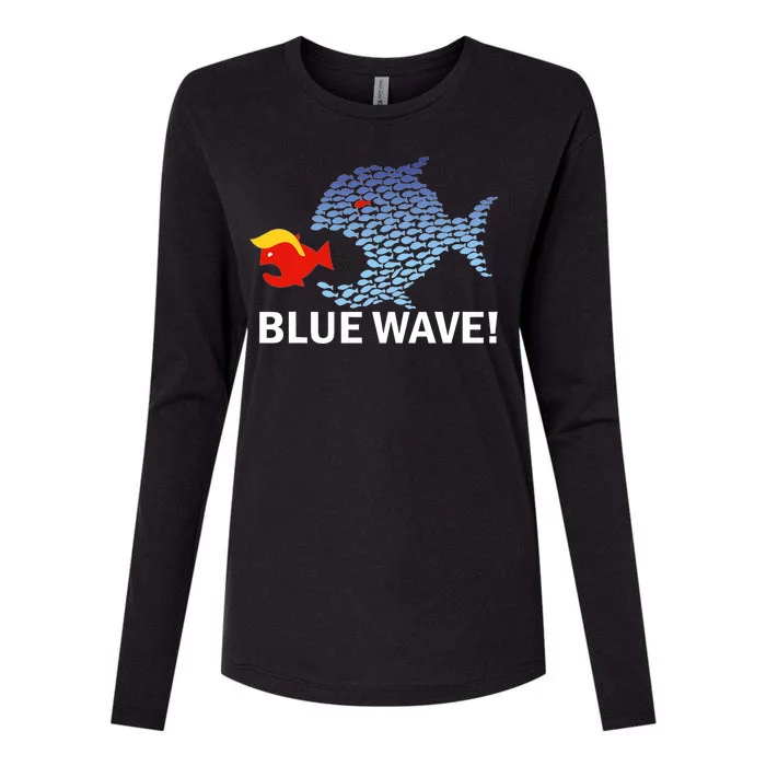 Blue Wave 2024 Funny Big Fish Eat Little Fish Trump Hair Womens Cotton Relaxed Long Sleeve T-Shirt