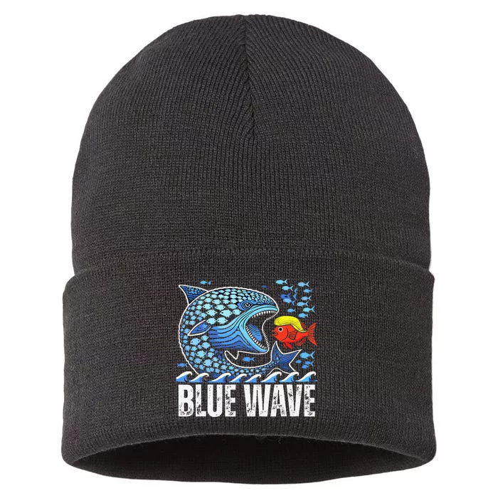 Blue Wave 2024 Funny Big Fish Eat Little Fish Trump Hair Sustainable Knit Beanie