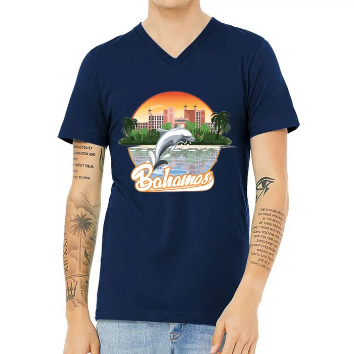 Bahamas With A Playing Dolphin And Hotels V-Neck T-Shirt