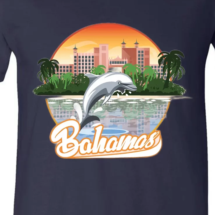 Bahamas With A Playing Dolphin And Hotels V-Neck T-Shirt