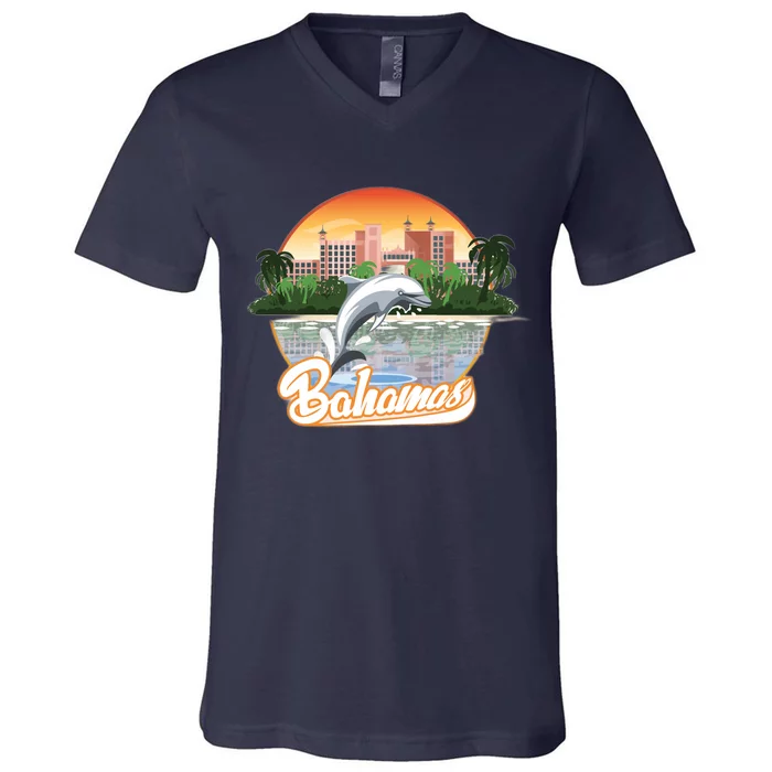 Bahamas With A Playing Dolphin And Hotels V-Neck T-Shirt