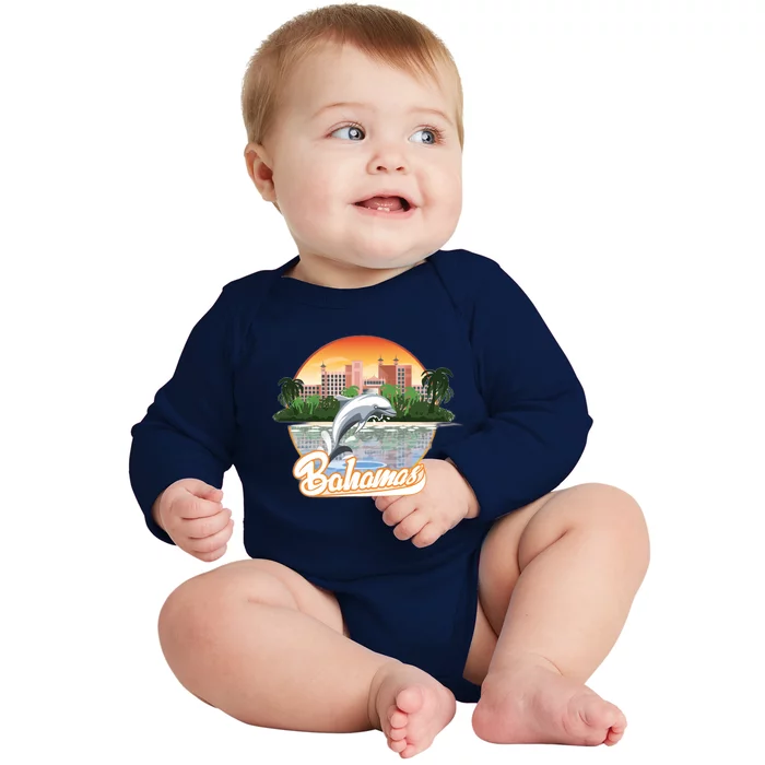 Bahamas With A Playing Dolphin And Hotels Baby Long Sleeve Bodysuit