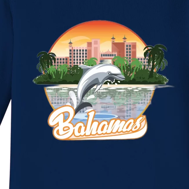 Bahamas With A Playing Dolphin And Hotels Baby Long Sleeve Bodysuit