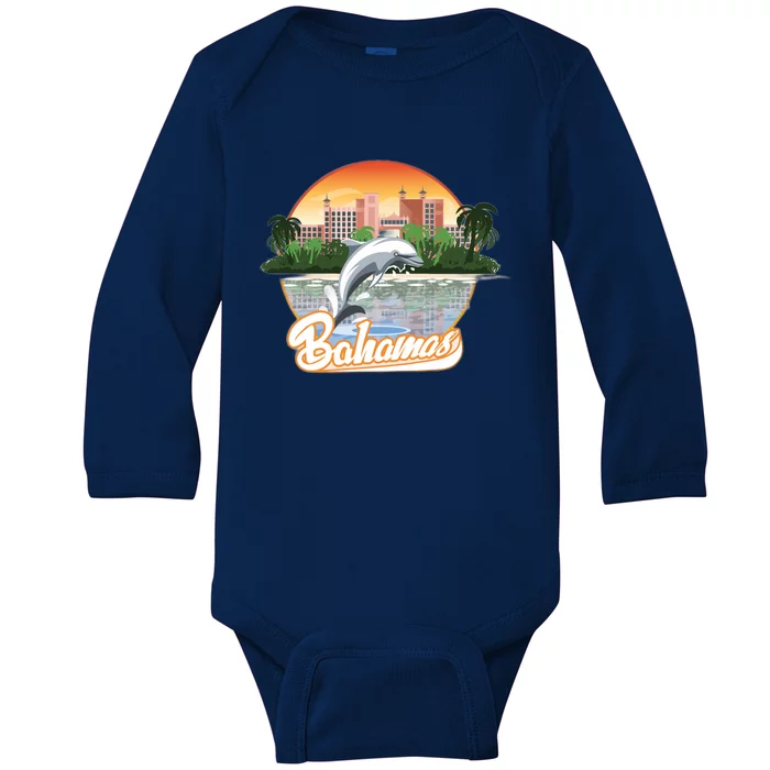 Bahamas With A Playing Dolphin And Hotels Baby Long Sleeve Bodysuit