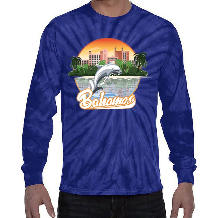 Bahamas With A Playing Dolphin And Hotels Tie-Dye Long Sleeve Shirt