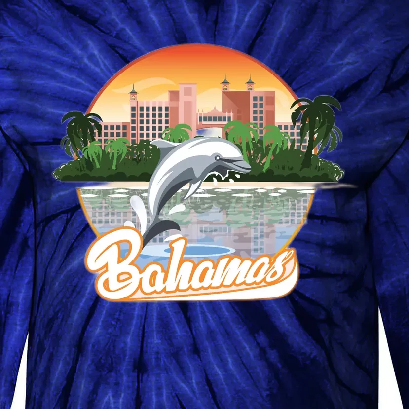 Bahamas With A Playing Dolphin And Hotels Tie-Dye Long Sleeve Shirt