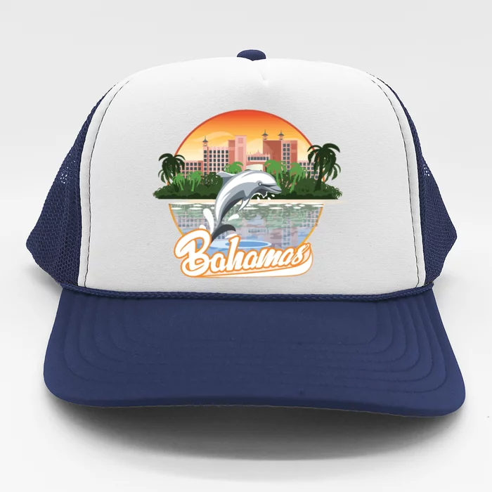 Bahamas With A Playing Dolphin And Hotels Trucker Hat